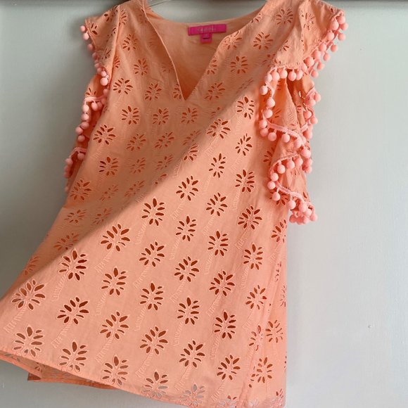 Lilly Pulitzer Astara Top Peach Palm Tree Eyelet Pom Pom Sleeve V Neck Blouse S - Picture 5 of 12